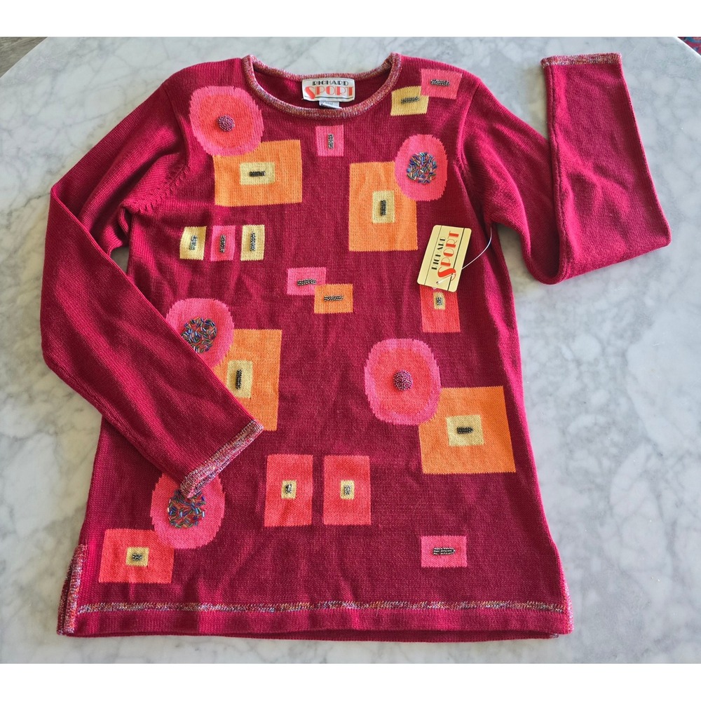 Richard‎ Sport Vintage Beaded Geometric Knit Sweater Magenta Pink Orange NWT